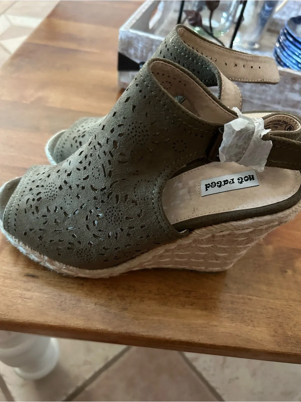 Not Rated Olive Green Laser-Cut Espadrille Wedge Sandals